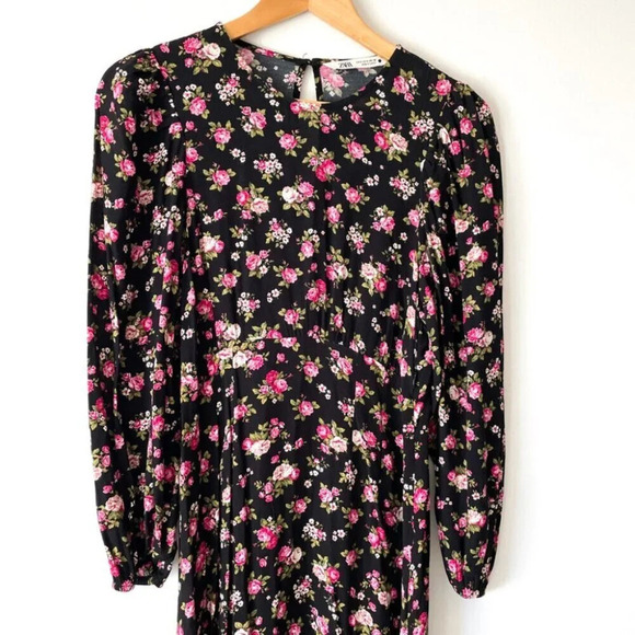 Zara Floral Print Midi Dress Black Pink Size Small - Picture 5 of 8
